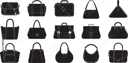 Fashion Handbag Silhouette Vector Set Purse, Tote, Shoulder Bag, Clutch, Briefcase