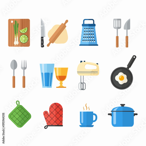 Collection of kitchen utensils and cooking equipment.