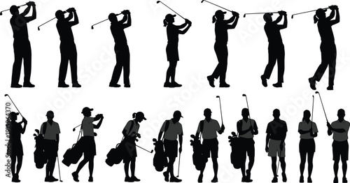 Collection of golf silhouettes illustration, players vector set, swing posture artwork design, sports activity graphics, golfing icon figures