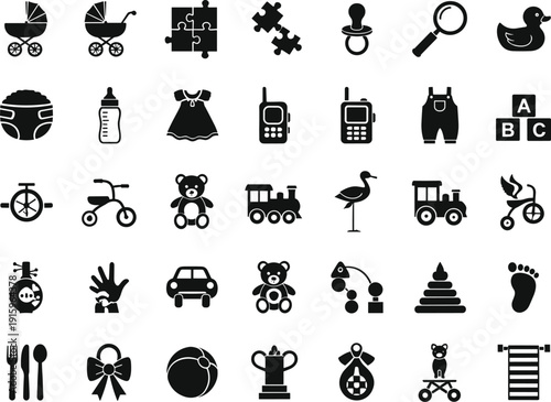 Collection of baby icons illustration, infant care vector set, parenting symbols artwork, toddler items design graphics, childcare product silhouette elements