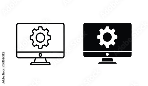 Black and white line icons of computer monitors with gear settings on screen for business and technology concepts