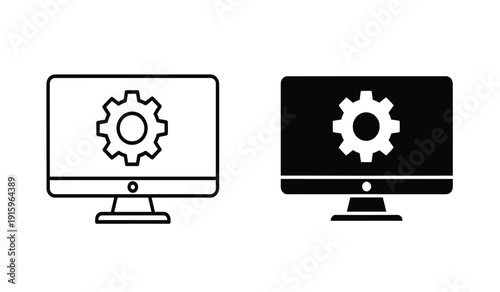 Black and white computer monitor icons with gear symbol on screen for settings or configuration concept