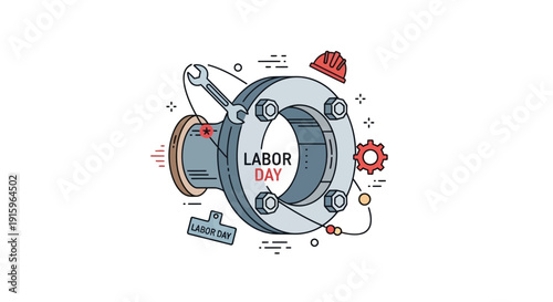 Labor Day industrial concept: flange, wrench, hard hat, gear, and tools on white background