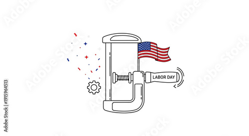 Labor Day USA Flag in Clamp, Confetti, Gear - Concept of Work Pressure