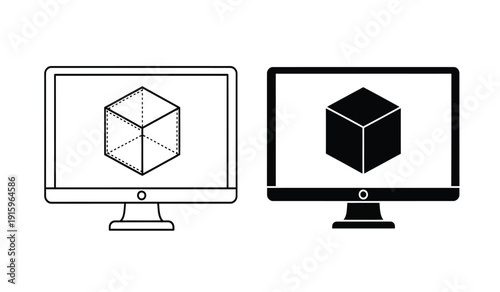 Two computer monitors displaying 3d cube wireframe and solid black models