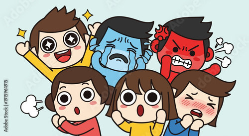 Diverse Emotions Displayed by Cartoon Characters: Joy, Sadness, Anger, Surprise, Embarrassment