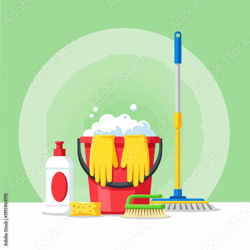 Cleaning supplies including a bucket mop gloves and soap.