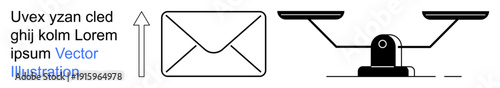 Communication, decision-making, balance, progress, messaging, evaluation. Visual shows an envelope, a scale and an upward arrow. Communication and decision-making are prominently