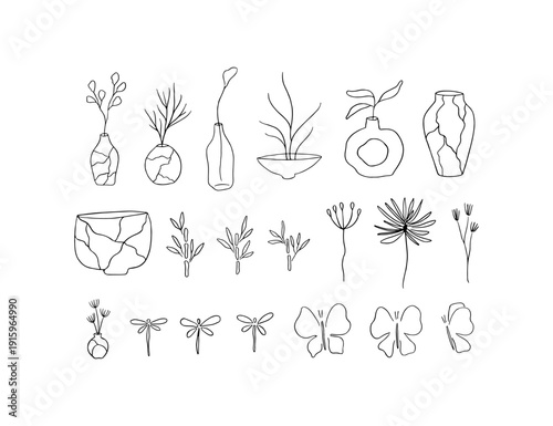 Japan Kintsugi ceramics hand drawn line art set.