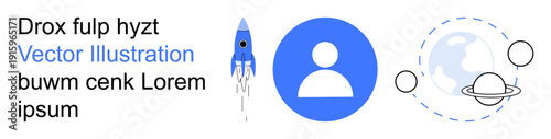 Space exploration, global communication, technology development, social media, connectivity, astronomy. Blue rocket, user profile icon and planetary elements. Space exploration and global