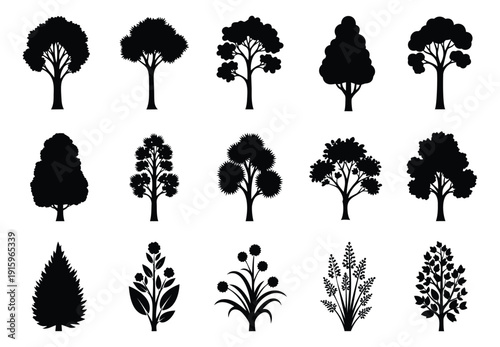 Silhouette tree and plant set featuring various shapes and species for nature and environment related projects