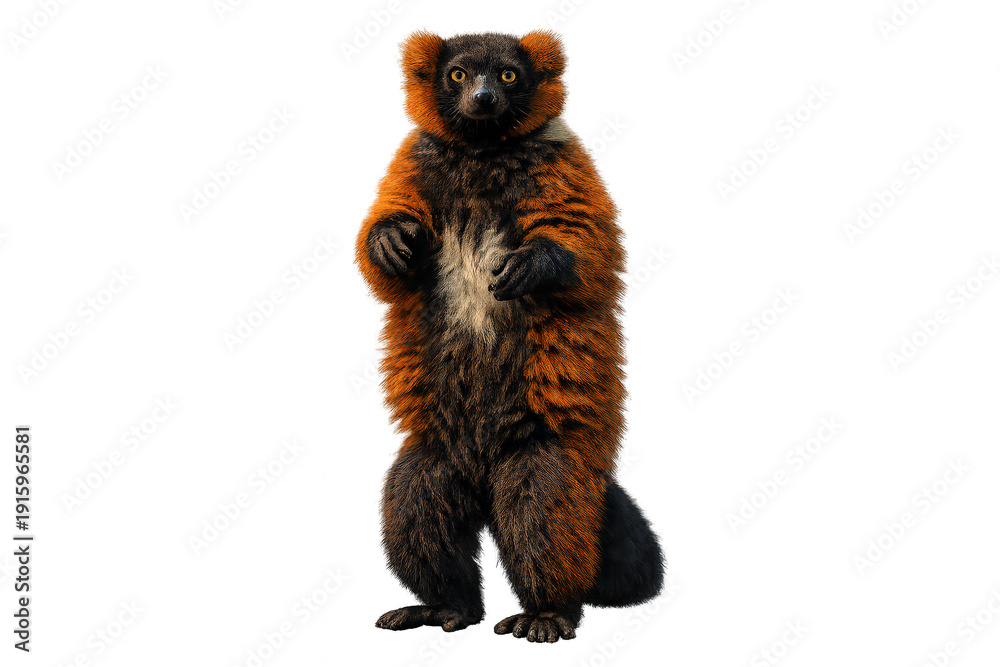 Fototapeta premium Red ruffed lemur standing on hind legs, varecia rubra primate with orange and black fur, transparent background