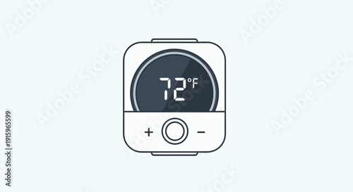 A modern smart thermostat with a digital display shows 72 degrees Fahrenheit, featuring simple control buttons.