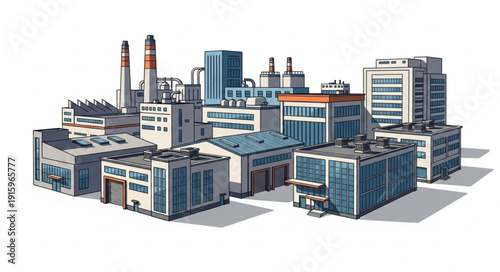 Modern industrial factory buildings and urban architecture collection.