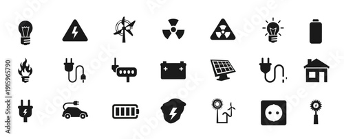 A comprehensive collection of renewable energy and electricity icons representing various power sources and electrical components for graphic design and illustration