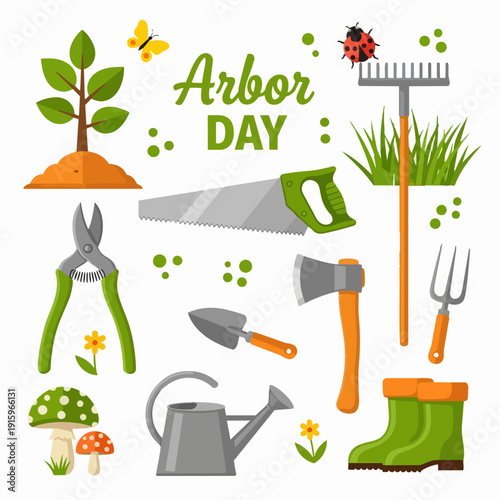 Arbor Day Gardening Tools and Plants Illustration.