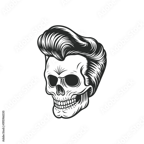 Black and white rockabilly skull illustration with pompadour hairstyle, retro hairstyle hand drawn vector art