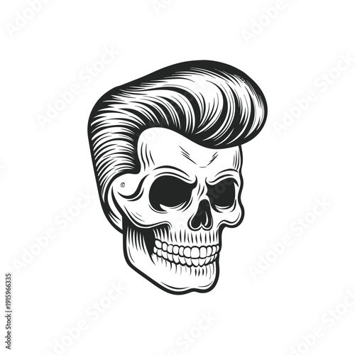 Black and white rockabilly skull illustration with pompadour hairstyle, retro hairstyle hand drawn vector art