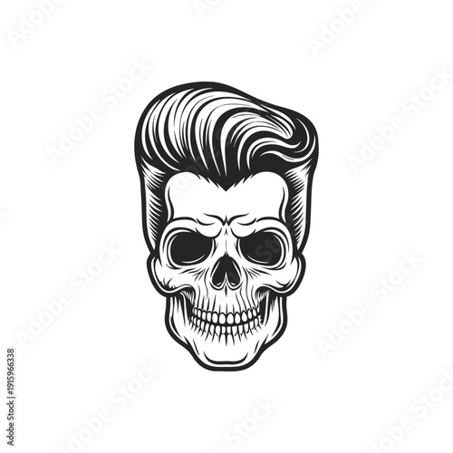 Black and white rockabilly skull illustration with pompadour hairstyle, retro hairstyle hand drawn vector art