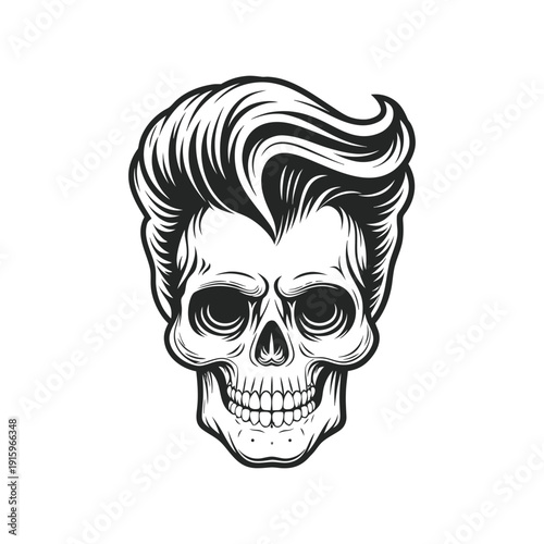 Black and white rockabilly skull illustration with pompadour hairstyle, retro hairstyle hand drawn vector art
