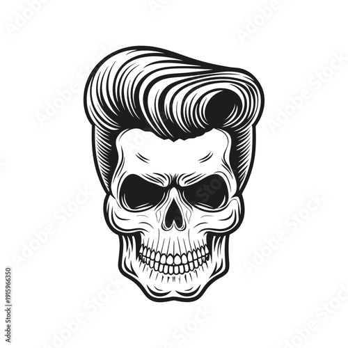 Black and white rockabilly skull illustration with pompadour hairstyle, retro hairstyle hand drawn vector art