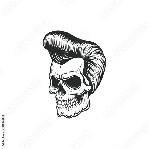Black and white rockabilly skull illustration with pompadour hairstyle, retro hairstyle hand drawn vector art