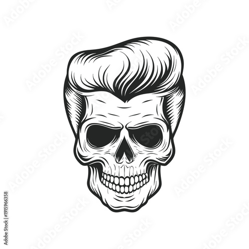 Black and white rockabilly skull illustration with pompadour hairstyle, retro hairstyle hand drawn vector art