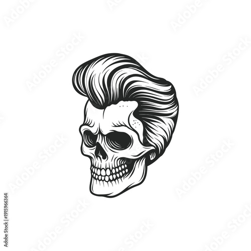 Black and white rockabilly skull illustration with pompadour hairstyle, retro hairstyle hand drawn vector art