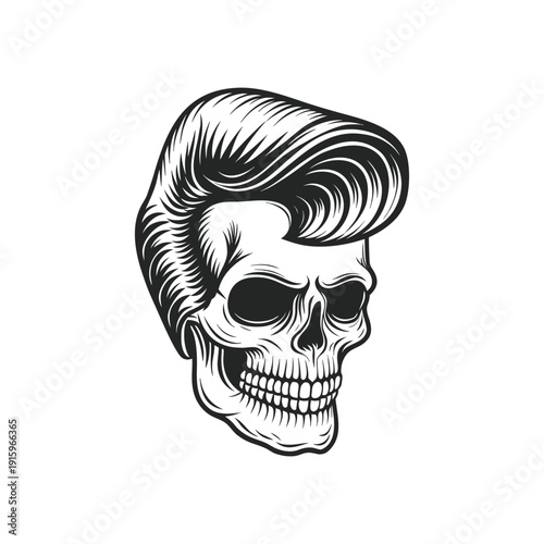 Black and white rockabilly skull illustration with pompadour hairstyle, retro hairstyle hand drawn vector art