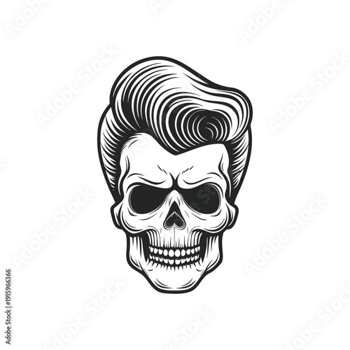 Black and white rockabilly skull illustration with pompadour hairstyle, retro hairstyle hand drawn vector art