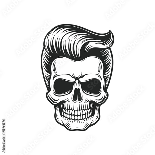 Black and white rockabilly skull illustration with pompadour hairstyle, retro hairstyle hand drawn vector art