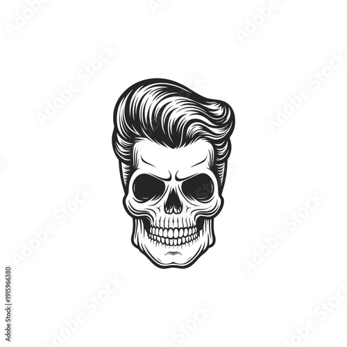 Black and white rockabilly skull illustration with pompadour hairstyle, retro hairstyle hand drawn vector art