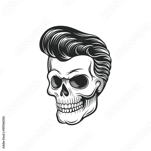 Black and white rockabilly skull illustration with pompadour hairstyle, retro hairstyle hand drawn vector art