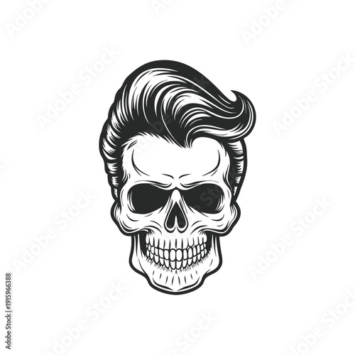 Black and white rockabilly skull illustration with pompadour hairstyle, retro hairstyle hand drawn vector art