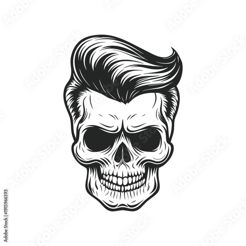 Black and white rockabilly skull illustration with pompadour hairstyle, retro hairstyle hand drawn vector art