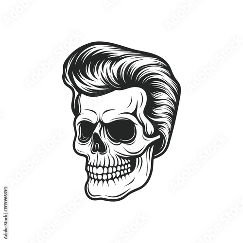 Black and white rockabilly skull illustration with pompadour hairstyle, retro hairstyle hand drawn vector art