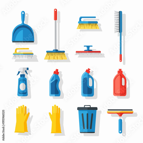 Collection of cleaning supplies and tools for home hygiene.