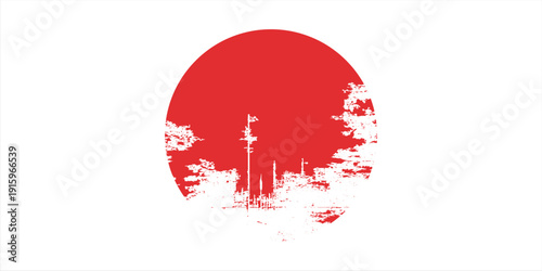 Japanese flag symbol of rising sun. Red circle in grunge style on white background.Modern Art
