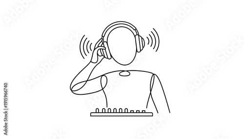 DJ or producer with headphones at mixing board, creating music, sound waves