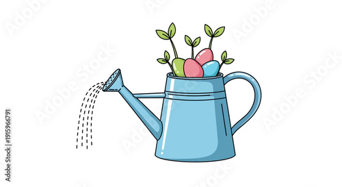 Easter eggs sprouting with green leaves in a watering can, symbolizing growth and spring.