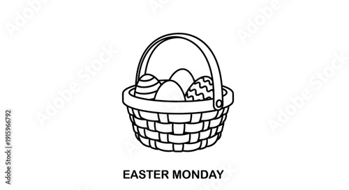 Easter Monday Basket with Decorated Eggs Line Art Illustration
