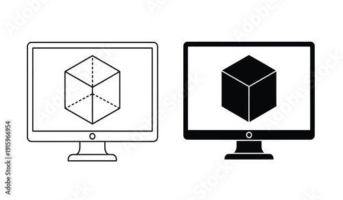 Two computer monitors displaying 3d cube graphics on screens