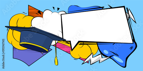 Cartoon Graduation Cap with blank speech bubble, comic book education background. Retro vector comics pop art design.