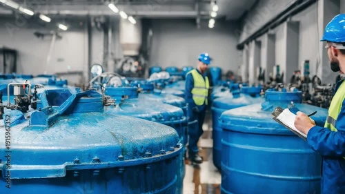 Industrial workers monitoring blackwater treatment plant machinery focusing on sustainable purification processes in a clean efficient workspace.