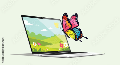 Colorful butterfly flying out of a laptop screen displaying a bright green landscape with flowers and a sunny sky.
