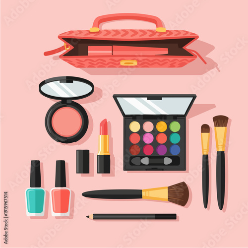 A collection of makeup and beauty products arranged neatly.