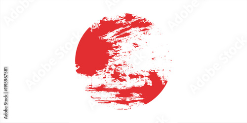 Japanese flag symbol of rising sun. Red circle in grunge style on white background.Modern Art