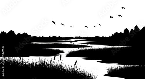 Black silhouette illustration of wetland ecosystem with swan birds flying over rice field and water on World Wetlands Day to protect wetlands