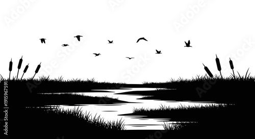 Black silhouette illustration of wetland ecosystem with swan birds flying over rice field and cattails on World Wetlands Day to protect wetlands.