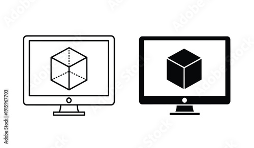 Black and white line art computer monitors displaying 3d cube icons on screen